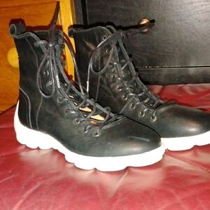 John Fluevog Black Leather Boots with White Soles